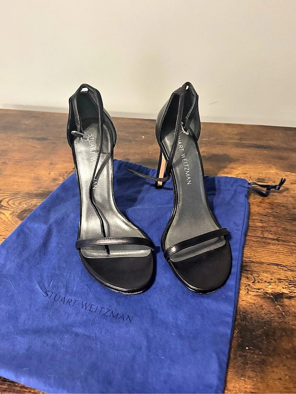 Stuart Weitzman NudistCurve 100 Sandal Black Leather Heels